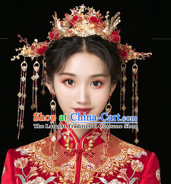 Traditional Handmade Chinese Wedding Red Venonat Phoenix Hair Crown Hairpins Ancient Bride Hair Accessories for Women