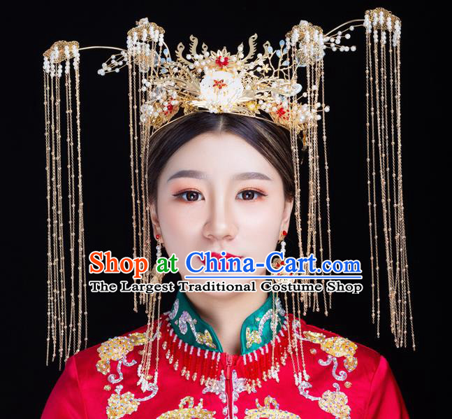 Traditional Handmade Chinese Wedding Jade Phoenix Coronet Hairpins Ancient Bride Hair Accessories for Women