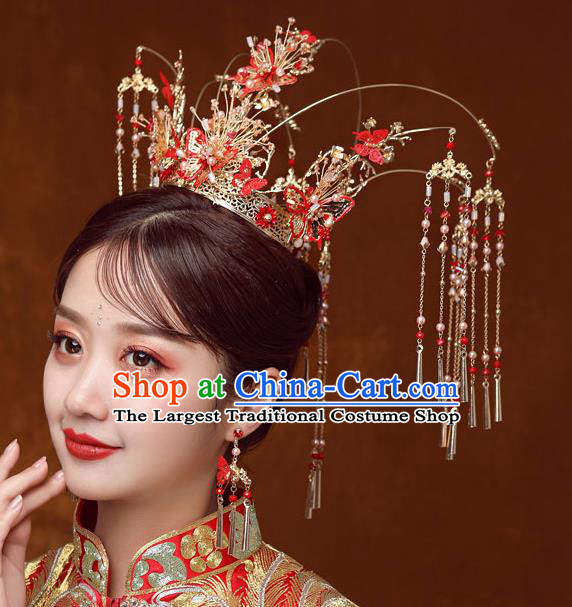 Traditional Handmade Chinese Wedding Red Butterfly Hair Crown Hairpins Ancient Bride Hair Accessories for Women