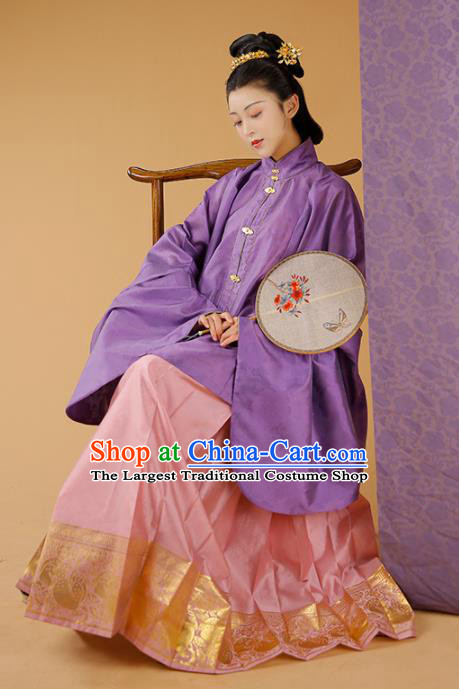 Traditional Chinese Court Mistress Purple Blouse and Skirt Ancient Ming Dynasty Patrician Dowager Historical Costumes for Women