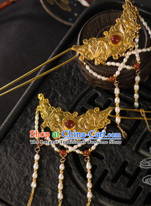 Chinese Traditional Tang Dynasty Agate Pearls Hairpins Handmade Ancient Royal Empress Hair Accessories for Women