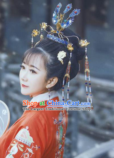 Traditional Chinese Ming Dynasty Princess Cloisonne Phoenix Coronet Hairpins Handmade Ancient Queen Hair Accessories for Women