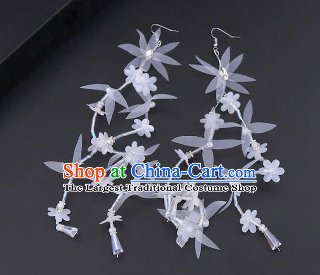 Chinese Traditional Handmade Wedding White Silk Flowers Earrings Ancient Bride Ear Accessories for Women