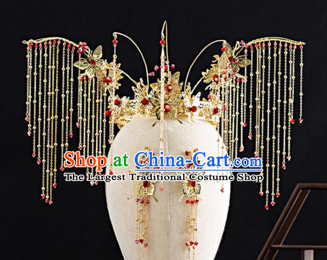 Traditional Chinese Hanfu Golden Butterfly Phoenix Coronet Handmade Ancient Princess Hair Accessories for Women