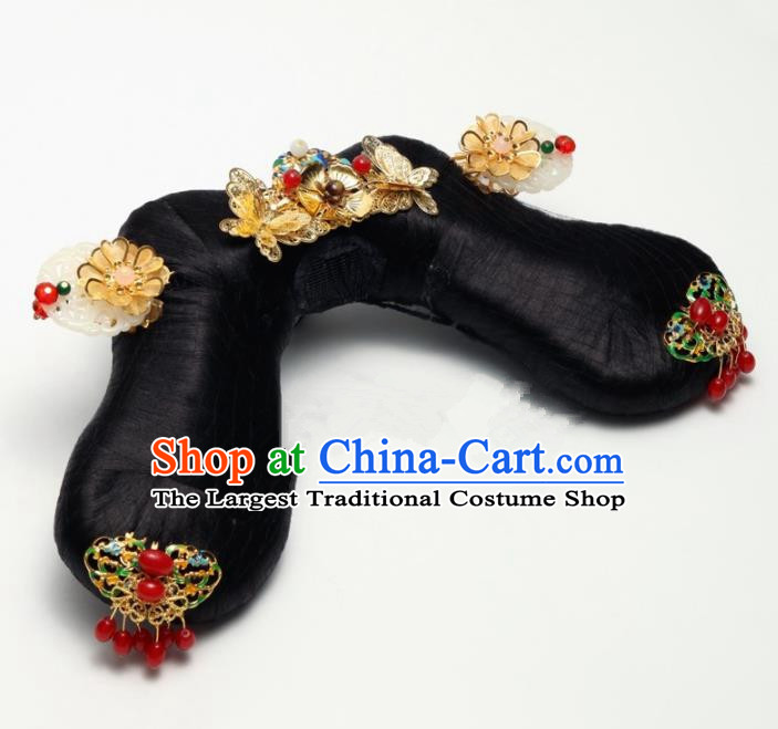 Traditional Chinese Qing Dynasty Imperial Consort Wigs and Golden Hairpins Ancient Court Lady Hair Accessories for Women