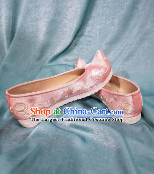 Traditional Chinese Hanfu Pink Satin Shoes Handmade Ancient Princess Embroidered Shoes for Women