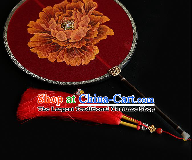 Traditional Chinese Hanfu Wedding Red Fans Handmade Ancient Princess Embroidered Peony Palace Fan for Women