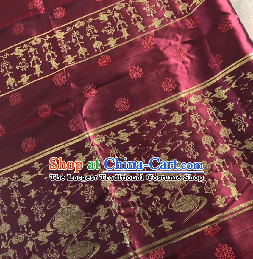 Chinese Traditional Censer Pattern Purplish Red Brocade Hanfu Fabric Silk Fabric Hanfu Dress Material