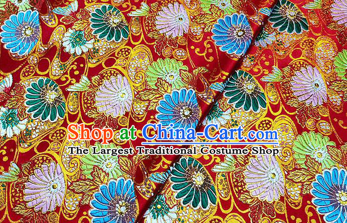 Japanese Traditional Sunflowers Pattern Kimono Red Brocade Fabric Tapestry Satin Fabric Nishijin Material