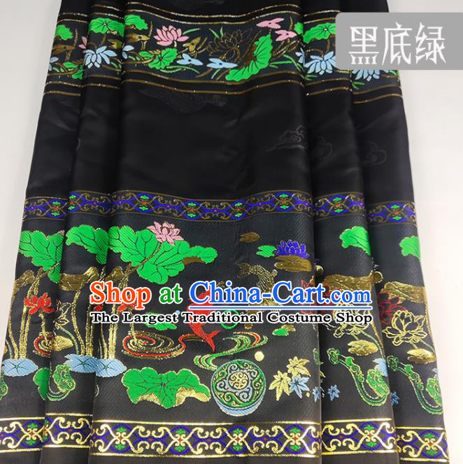Chinese Traditional Lotus Fishes Pattern Black Brocade Fabric Silk Satin Fabric Hanfu Material