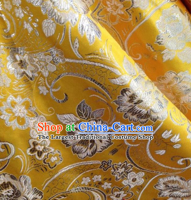 Chinese Traditional Peony Pattern Yellow Brocade Fabric Silk Tapestry Satin Fabric Hanfu Material