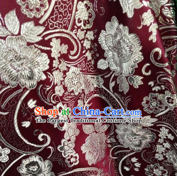 Chinese Traditional Peony Pattern Purplish Red Brocade Fabric Silk Tapestry Satin Fabric Hanfu Material
