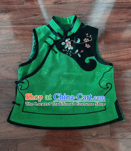 Chinese Traditional Embroidered Green Silk Vest Tang Suit Waistcoat for Women