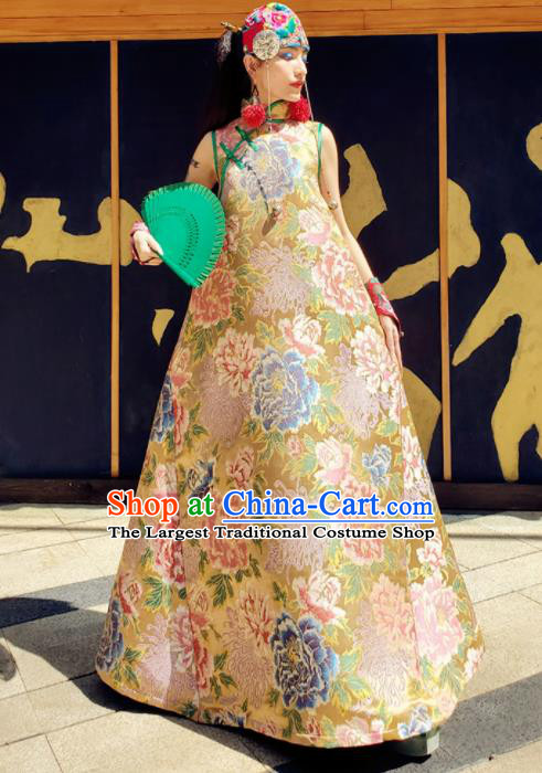 Chinese Traditional National Printing Peony Yellow Brocade Qipao Dress Tang Suit Cheongsam Costume for Women
