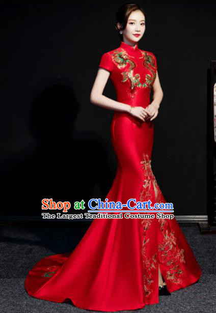 Chinese Compere National Embroidered Phoenix Red Qipao Dress Traditional Cheongsam Costume for Women