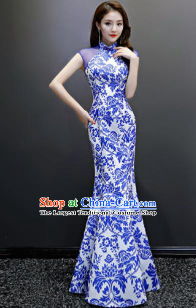 Chinese National Blue Printing Qipao Dress Traditional Compere Cheongsam Costume for Women