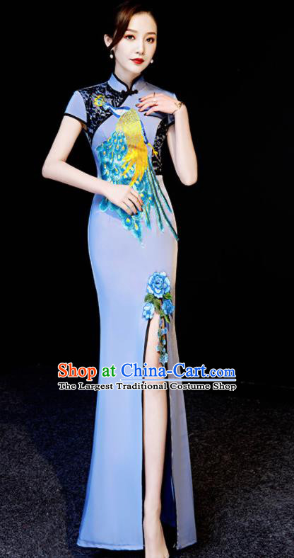 Chinese Traditional Embroidered Peacock Blue Qipao Dress Spring Festival Gala Compere Cheongsam Costume for Women