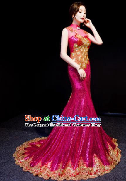 Chinese National Embroidered Peacock Rosy Trailing Qipao Dress Traditional Compere Cheongsam Costume for Women