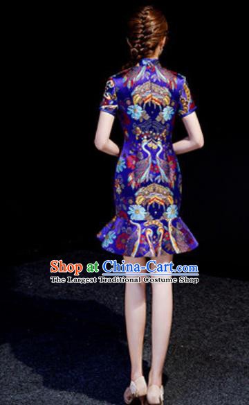 Chinese Chorus Royalblue Brocade Short Qipao Dress Traditional National Compere Cheongsam Costume for Women