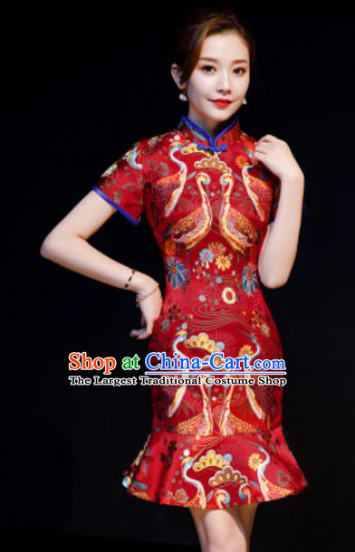 Chinese Chorus Red Brocade Short Qipao Dress Traditional National Compere Cheongsam Costume for Women