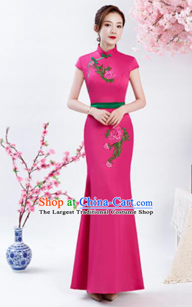 Chinese Chorus Embroidered Peony Rosy Qipao Dress Traditional National Compere Cheongsam Costume for Women