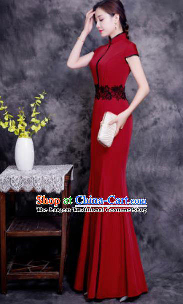 Chinese Chorus Wine Red Long Qipao Dress Traditional National Compere Cheongsam Costume for Women