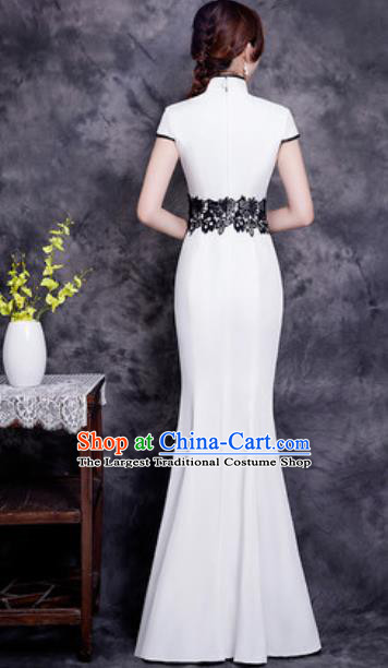 Chinese Chorus White Long Qipao Dress Traditional National Compere Cheongsam Costume for Women