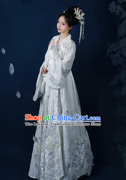 Chinese Tang Dynasty Royal Princess White Embroidered Dress Traditional Ancient Imperial Consort Costumes for Women