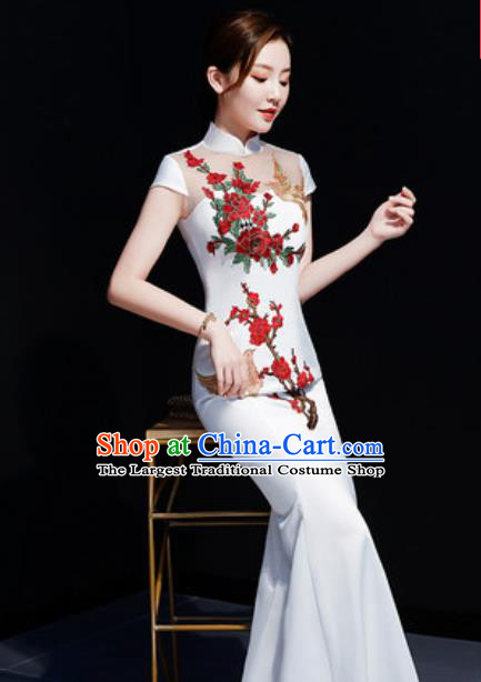 Chinese Traditional Embroidered Peony White Qipao Dress Compere Cheongsam Costume for Women