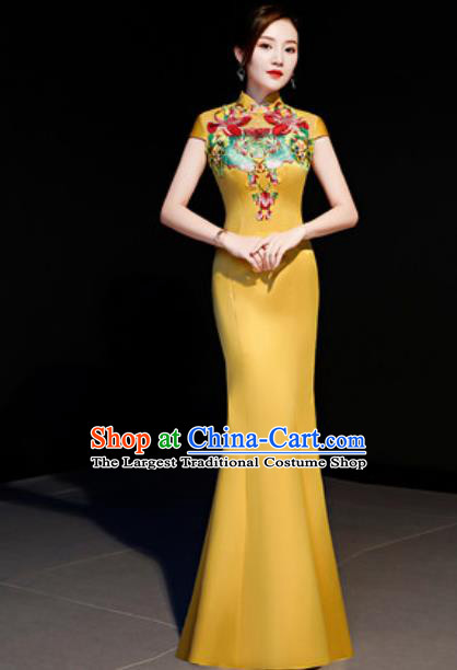 Chinese Traditional Embroidered Lotus Yellow Qipao Dress Compere Cheongsam Costume for Women