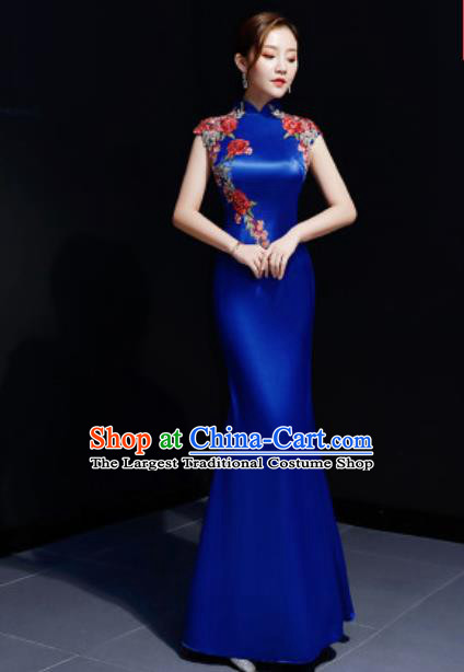 Chinese Traditional Embroidered Rose Royalblue Qipao Dress Compere Cheongsam Costume for Women