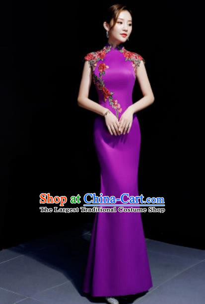 Chinese Traditional Embroidered Rose Purple Qipao Dress Compere Cheongsam Costume for Women