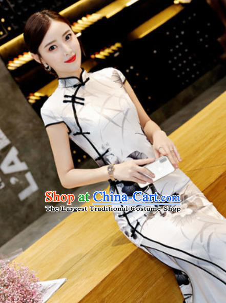 Chinese Traditional Ink Painting Lotus White Qipao Dress Compere Cheongsam Costume for Women