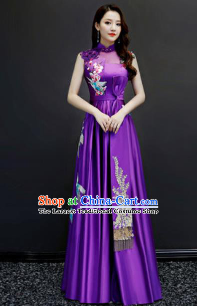 Chinese Traditional Embroidered Purple Dress Compere Cheongsam Costume for Women