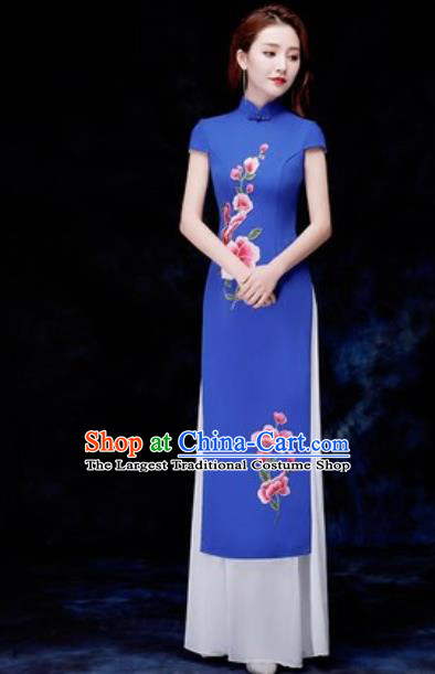 Chinese Traditional Embroidered Royalblue Qipao Dress Compere Cheongsam Costume for Women
