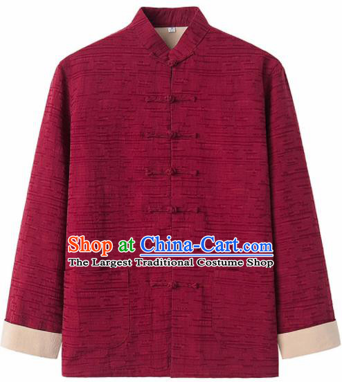 Chinese National Tang Suit Red Flax Jacket Overcoat Traditional Martial Arts Costumes for Men
