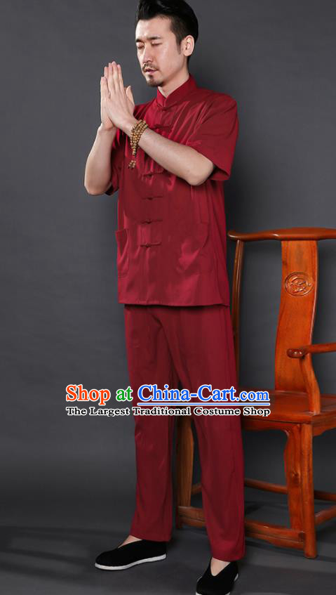Chinese National Wine Red Shirt and Pants Traditional Tang Suit Martial Arts Costumes Complete Set for Men