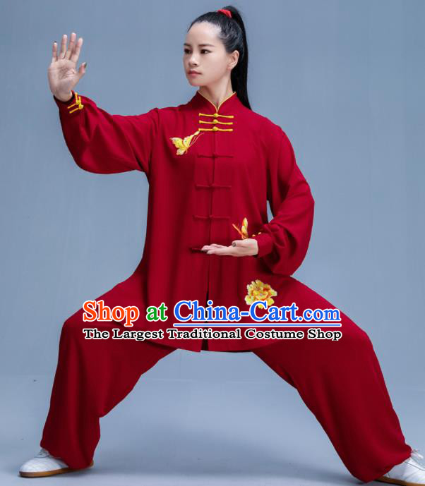 Chinese Traditional Kung Fu Printing Peony Wine Red Garment Outfits Martial Arts Stage Show Costumes for Women