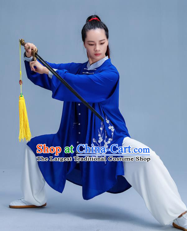 Chinese Traditional Kung Fu Printing Plum Royalblue Garment Outfits Martial Arts Stage Show Costumes for Women