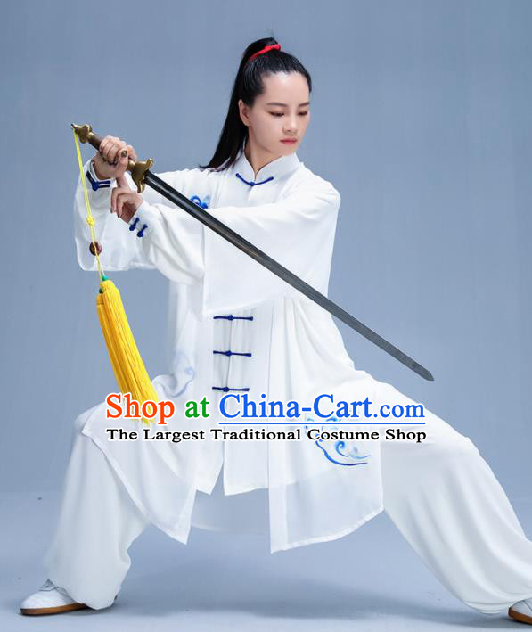 Chinese Traditional Kung Fu Embroidered Cloud White Garment Outfits Martial Arts Stage Show Costumes for Women