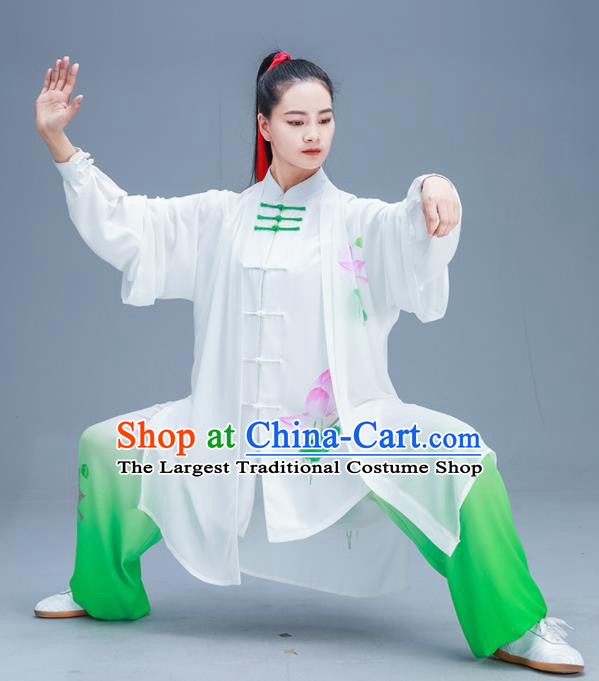 Chinese Traditional Kung Fu Tai Chi Printing Lotus Garment Outfits Martial Arts Training Costumes for Women