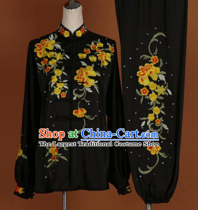 Chinese Tai Chi Embroidered Peony Black Garment Outfits Traditional Kung Fu Martial Arts Training Costumes for Women