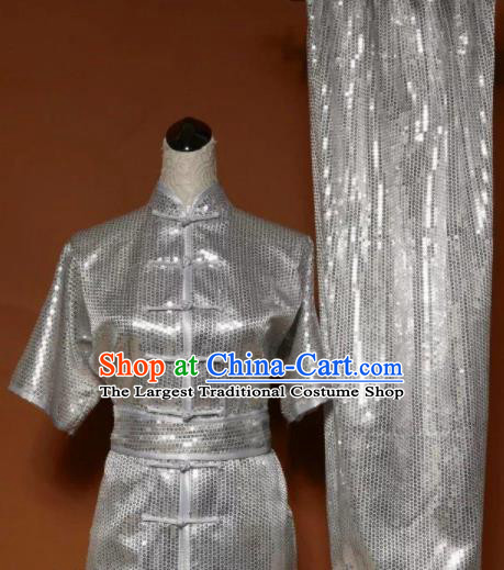 Chinese Tai Chi Changquan Argent Sequins Garment Outfits Traditional Kung Fu Martial Arts Costumes for Adult