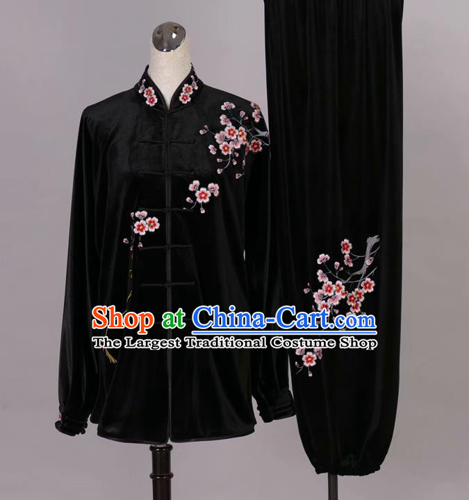 Chinese Tai Chi Embroidered Plum Black Velvet Garment Outfits Traditional Kung Fu Martial Arts Training Costumes for Adult
