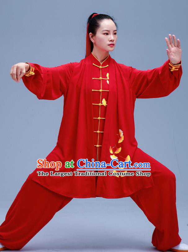 Chinese Traditional Kung Fu Embroidered Ginkgo Leaf Red Outfits Martial Arts Competition Costumes for Women