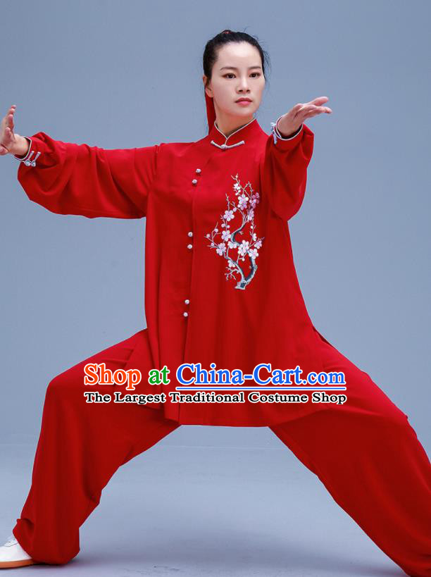 Chinese Traditional Kung Fu Embroidered Plum Blossom Red Outfits Martial Arts Competition Costumes for Women