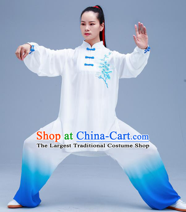Chinese Traditional Kung Fu Gradient Blue Outfits Martial Arts Competition Costumes for Women