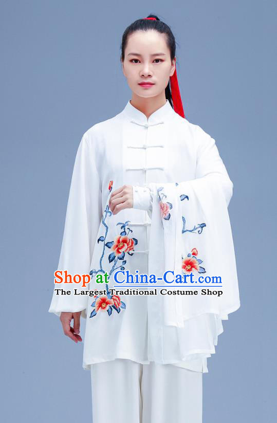 Chinese Traditional Kung Fu Embroidered Peony White Outfits Martial Arts Competition Costumes for Women