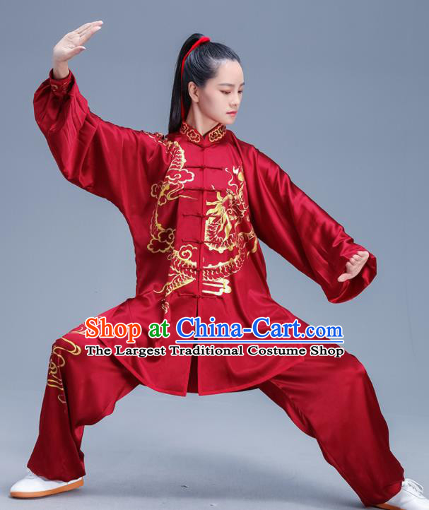 Chinese Traditional Kung Fu Red Silk Outfits Martial Arts Competition Costumes for Women
