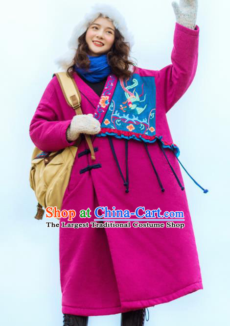Chinese Traditional Embroidered Rosy Cotton Padded Coat National Overcoat Costumes for Women